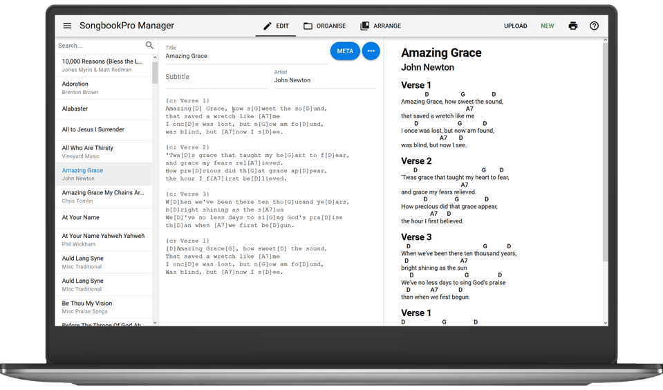 SongbookPro manager running on a laptop