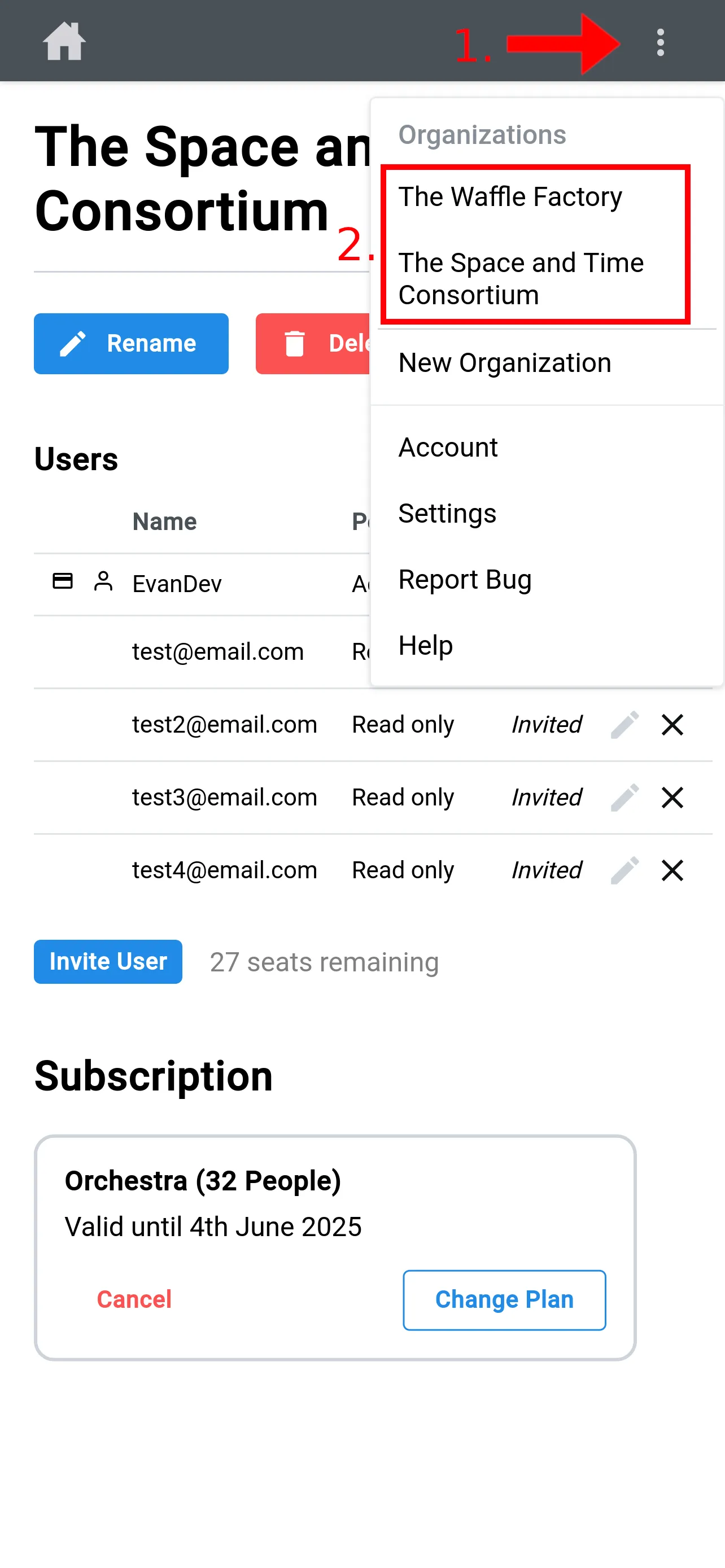 SongbookPro Groups on mobile. An arrow labelled '1.' points to the settings button and an arrow labelled '2.' points to a list of organizations.