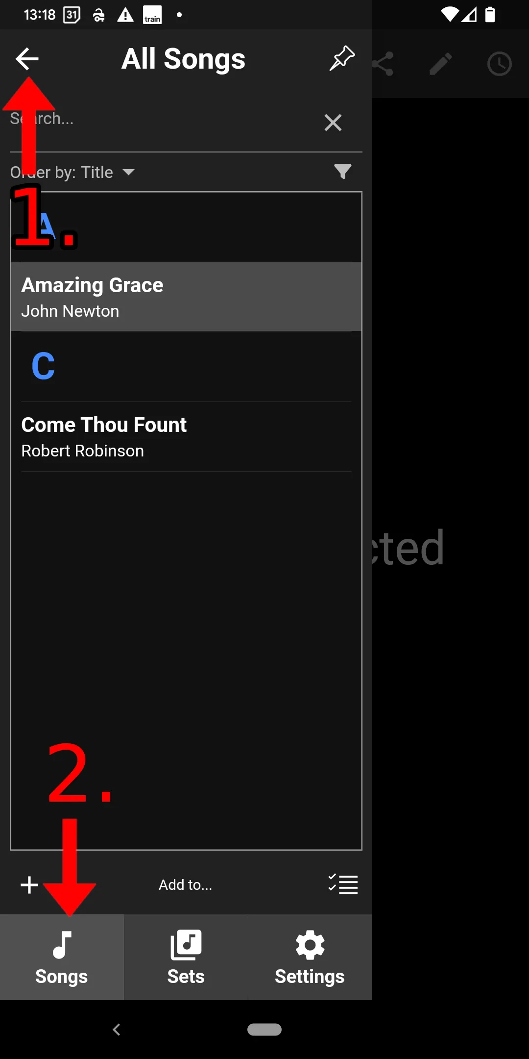 The SongbookPro Groups sidebar. An arrow labelled '1.' points to a back button. An arrow labelled '2.' points to a tab labelled 'Songs'.