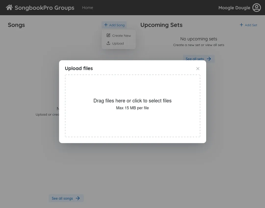 A popup with the text 'Import files, drag images here or click to select files'.