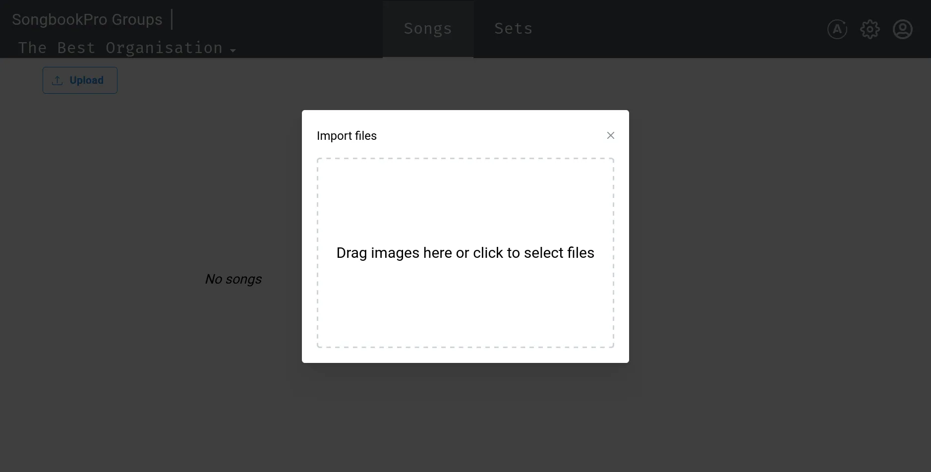 A popup with the text 'Import files, drag images here or click to select files'.