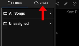 The SongbookPro Groups sidebar. An arrow points to a tab labelled 'Groups'