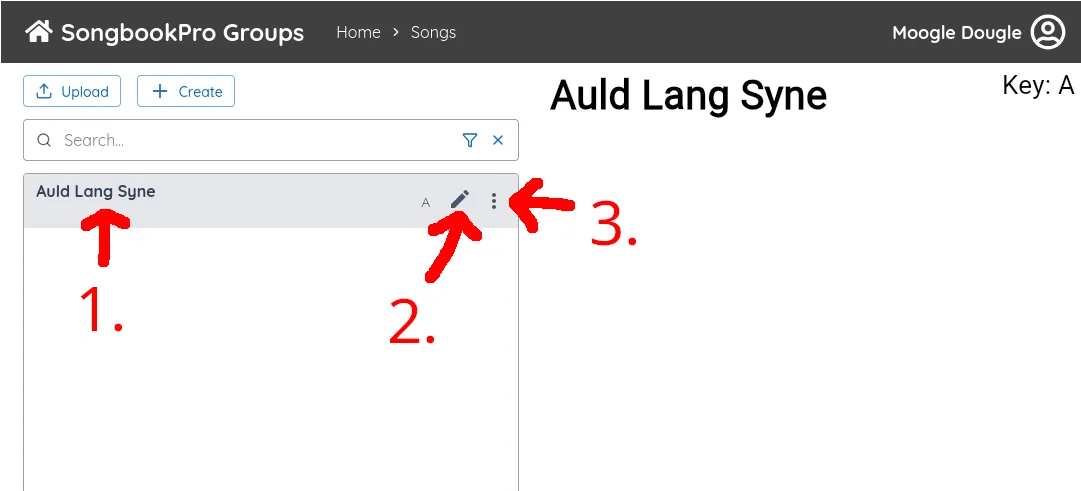 The song 'Aud Lang Syne' is now visible in the library. An arrow labelled '1.' points to the song. An arrow labelled '2.' points to an edit button. An arrow labelled '3.' points to a '⋮' button