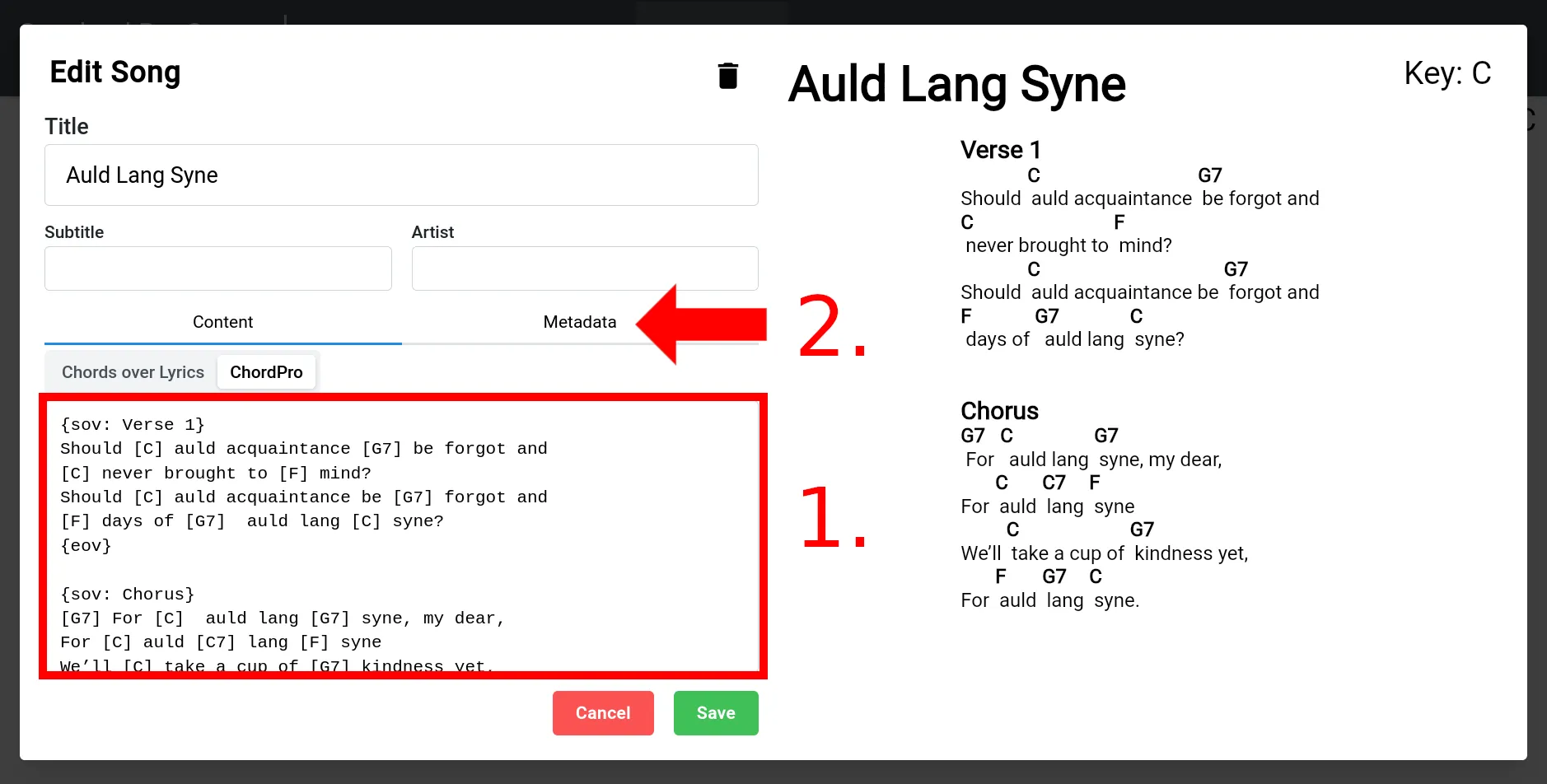 A popup titled 'Edit Song'. A text editor is labelled '1.'. A tab labelled 'Metadata' is labelled '2.'.