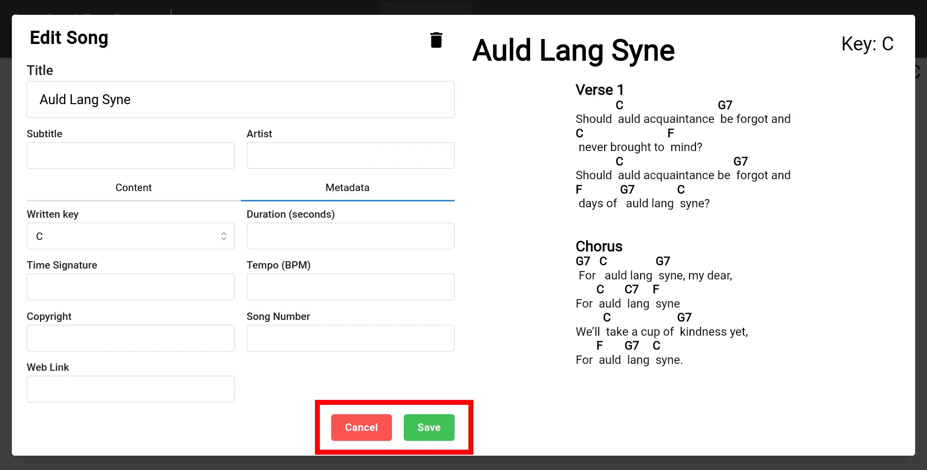 The song metadata is displayed. The buttons 'Cancel' and 'Save' are highlighted.