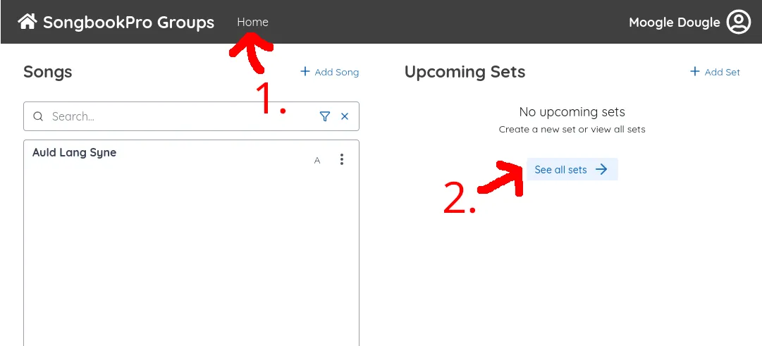 A popup with the text 'Sets'. An arrow labelled '1.' points to a button with a plus icon.