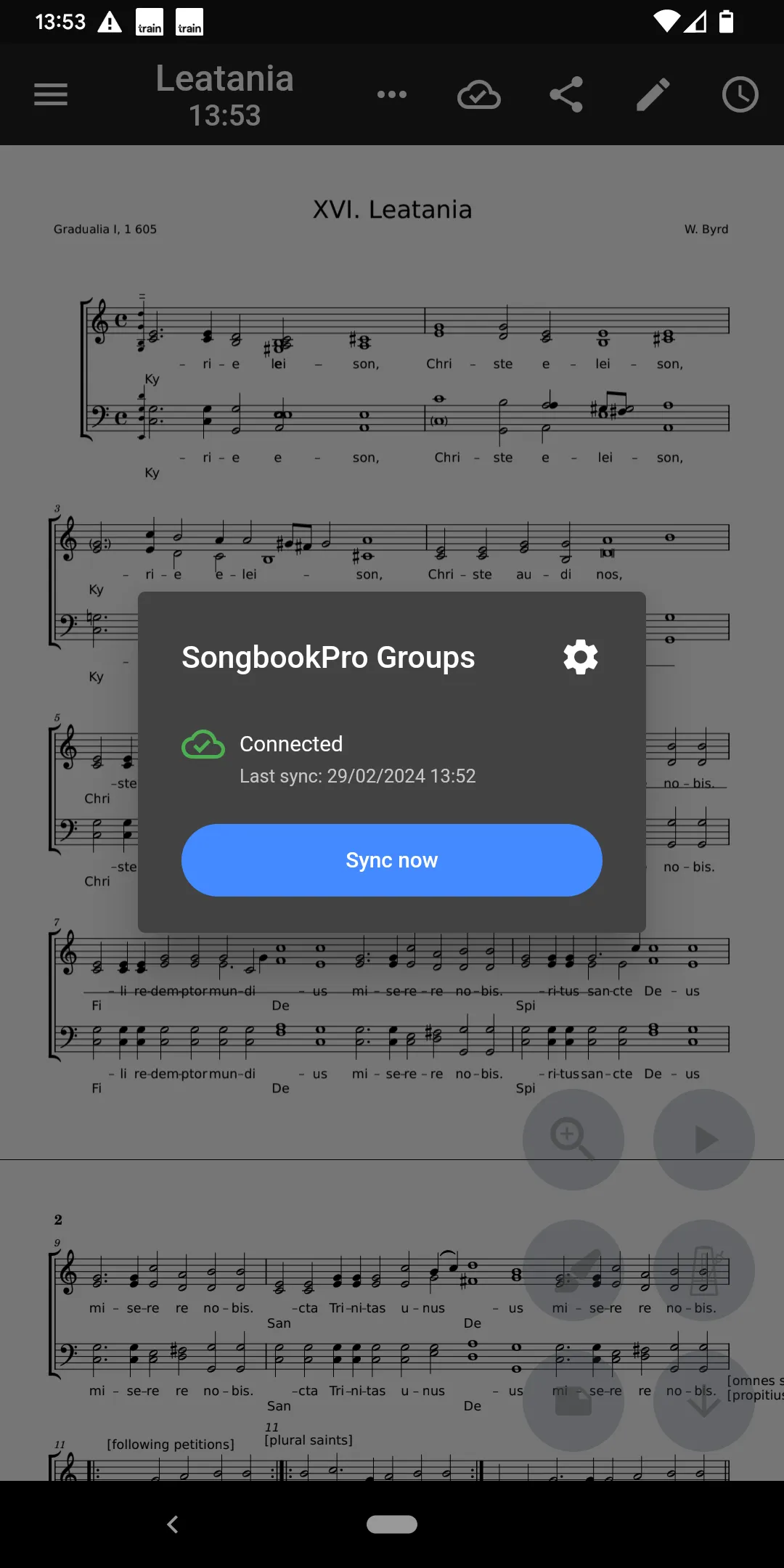 A popup reads 'SongbookPro Groups: Connected, Last sync: 29/02/24 13:52'. There is a button titled 'Sync Now'.