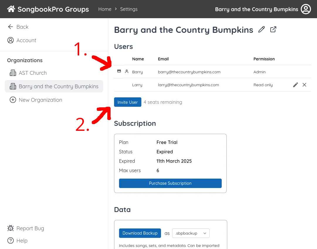 The SongbookPro Groups User Management page. An arrow labelled '1.' points to a user and credit card icon next to a user named 'EvanDev'. An arrow labelled '2.' points to a button that says 'Invite User'.