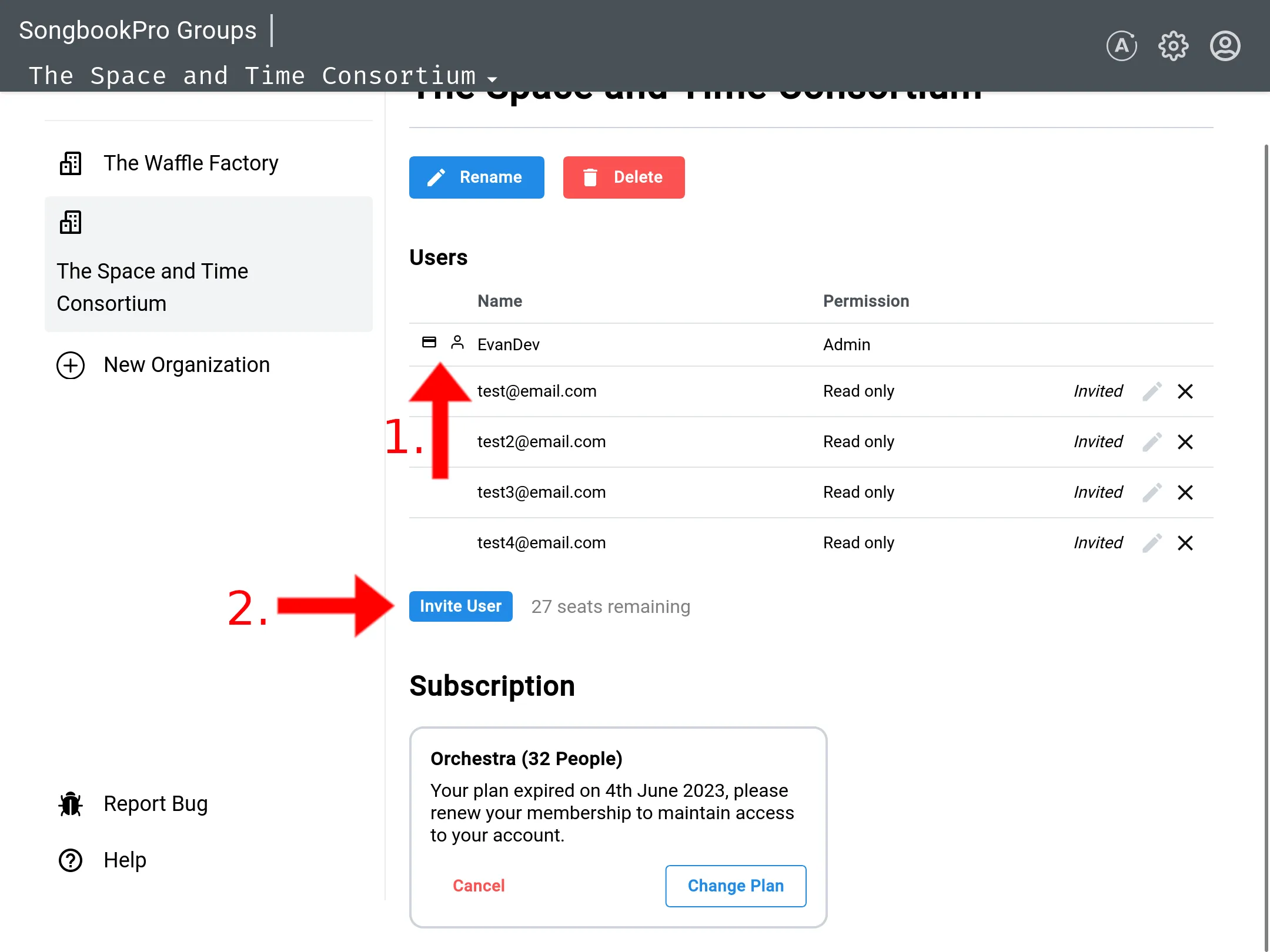 The SongbookPro Groups User Management page. An arrow labelled '1.' points to a user and credit card icon next to a user named 'EvanDev'. An arrow labelled '2.' points to a button that says 'Invite User'.