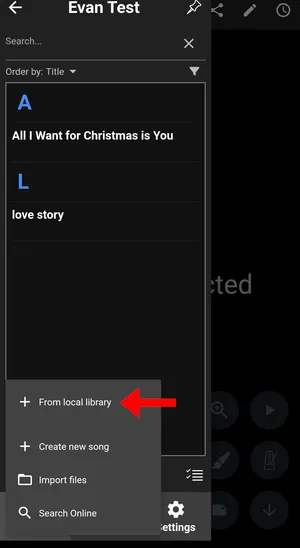 A popup over the SongbookPro Groups library sidebar with an arrow pointing to the text 'From local library'.