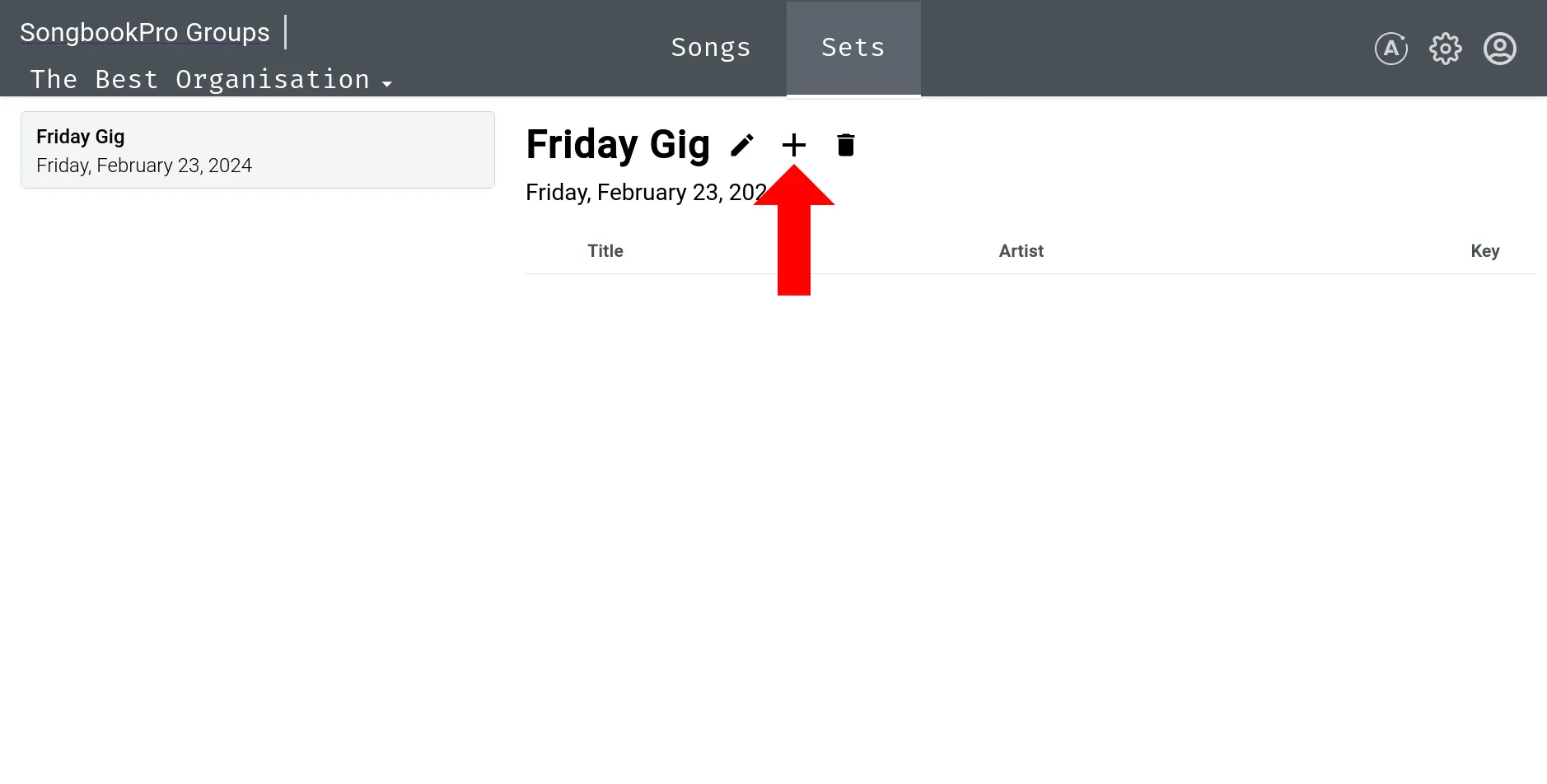 The SongbookPro Groups web interface, on the 'Sets' tab. An arrow points to a plus icon.