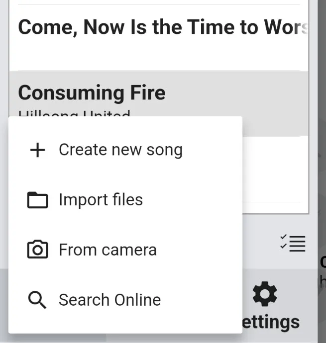 A popup menu over the set menu with the options 'Create new song', 'Import files', 'From camera', and 'Search Online'.