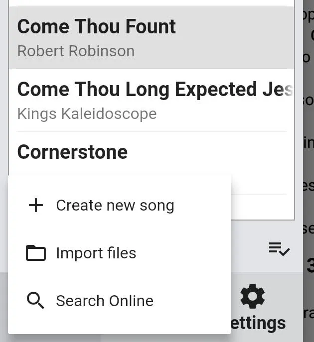 A popup menu over the set menu with the options 'Create new song', 'Import files', and 'Search Online'.