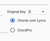 Original Key: D. A selector has the options 'Chords over Lyrics' and 'ChordPro'.