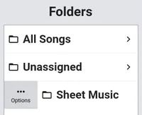 The 'Folders' panel. The folder 'Sheet Music' is selected, and an 'Options' button is visible.