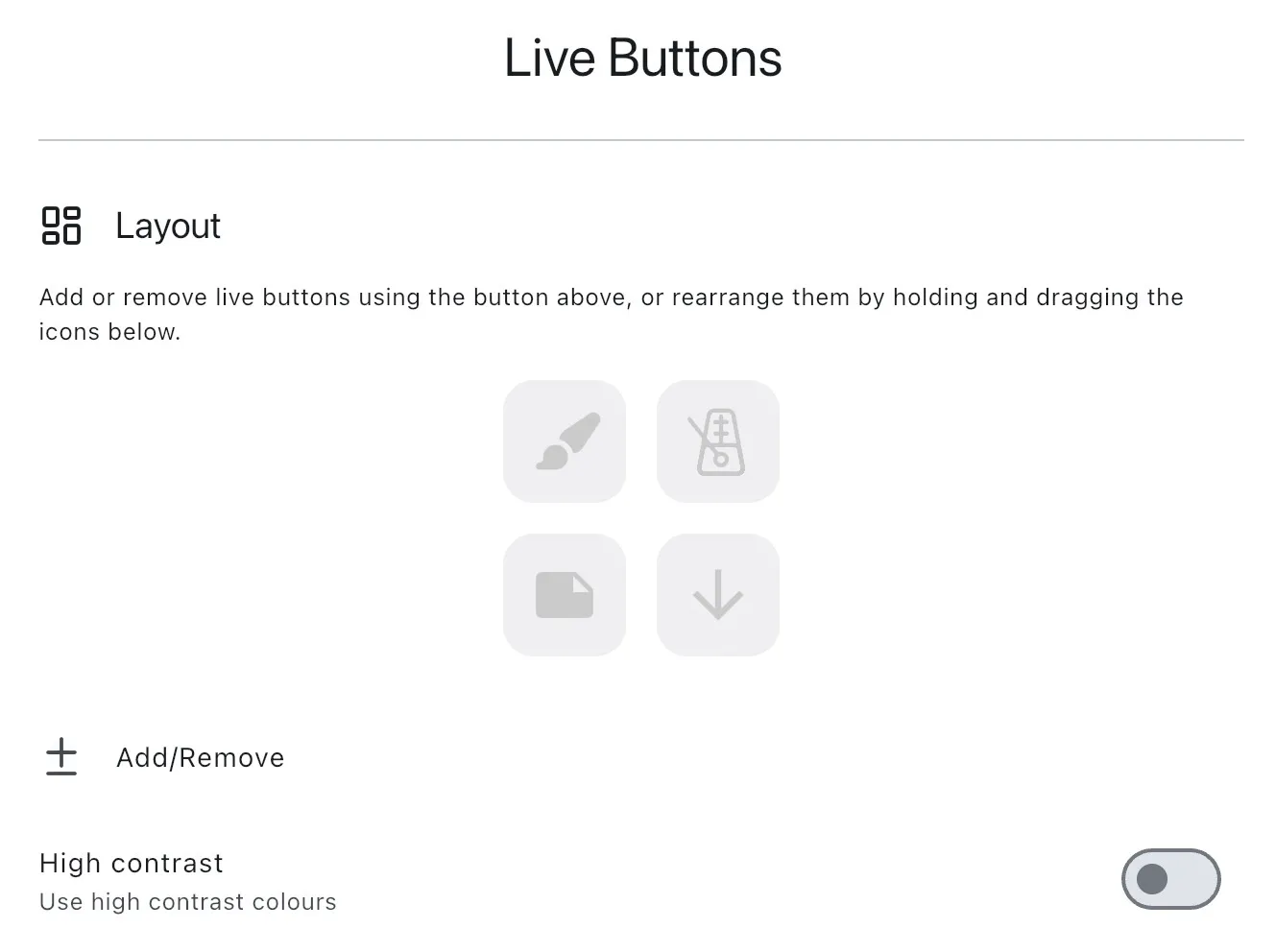 The 'Live Buttons' settings page showing how controls including rearranging live buttons and adding/removing live buttons.