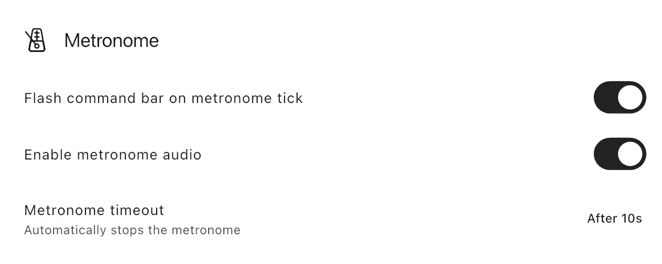The metronome settings page, under the category Settings - Advanced. The settings page reads 'Metronome timeout: After 10s'. There is a toggle switch for 'Flash command bar on metronome tick'