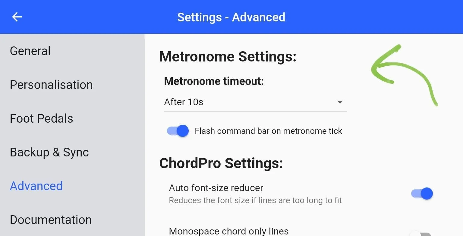 The metronome settings page, under the category Settings - Advanced. The settings page reads 'Metronome timeout: After 10s'. There is a toggle switch for 'Flash command bar on metronome tick'