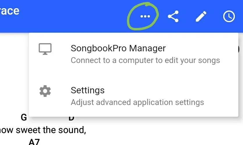 A '...' button is circled, below it, a dropdown menu displays 'SongbookPro Manager' and 'Settings'