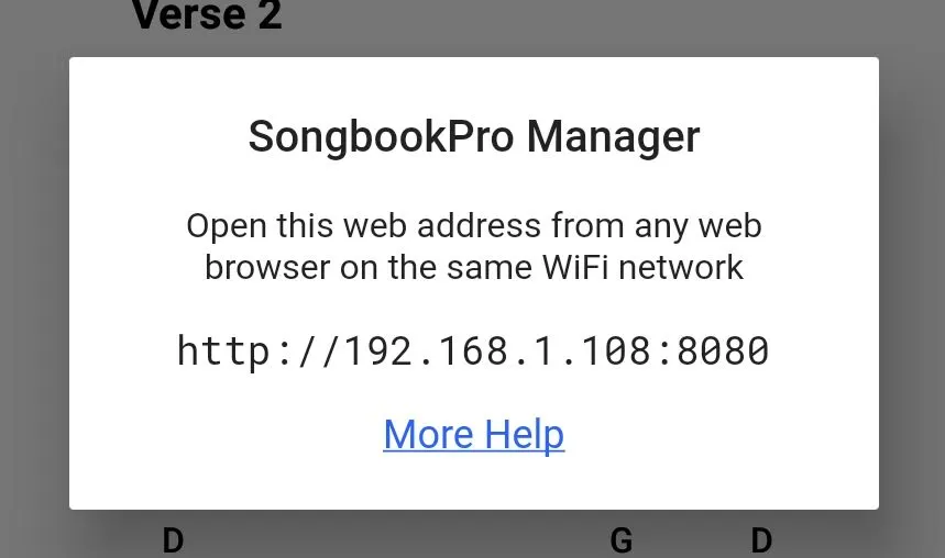 A popup displays the text 'SongbookPro Manager, open this web address from any web browser on the same WiFi network, http://192.1.108:8080'