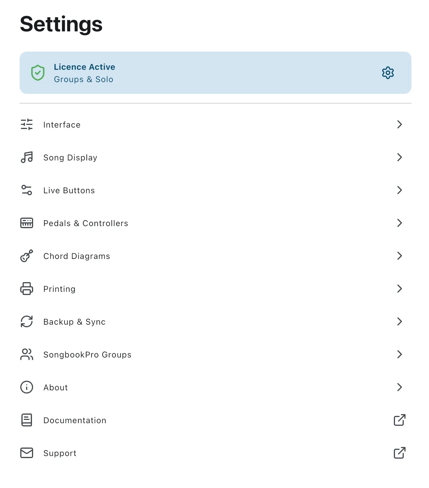 The SongbookPro Settings page.