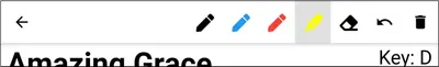 A heading bar with a back arrow, and a series of different coloured pen icons.