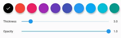 A row of different coloured buttons, a slider labelled 'Thickness', and a slider labelled 'Opacity'.