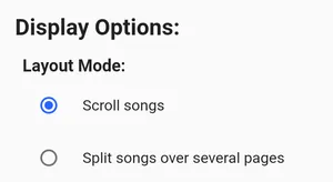 Under the section 'Display Options' there is a selector for 'Layout Mode' with the options 'Scroll songs' and 'Split songs over several pages'.