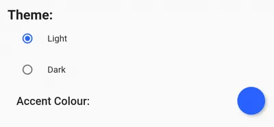 A selector for 'Theme' has the options 'Light' and 'Dark'. There is also a setting for 'Accent Colour' which is set to blue.
