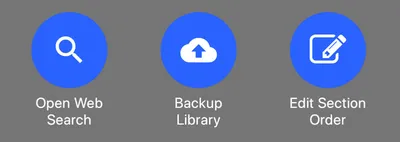 Three buttons: Open Web Search, Backup Library, and Edit Section Order.