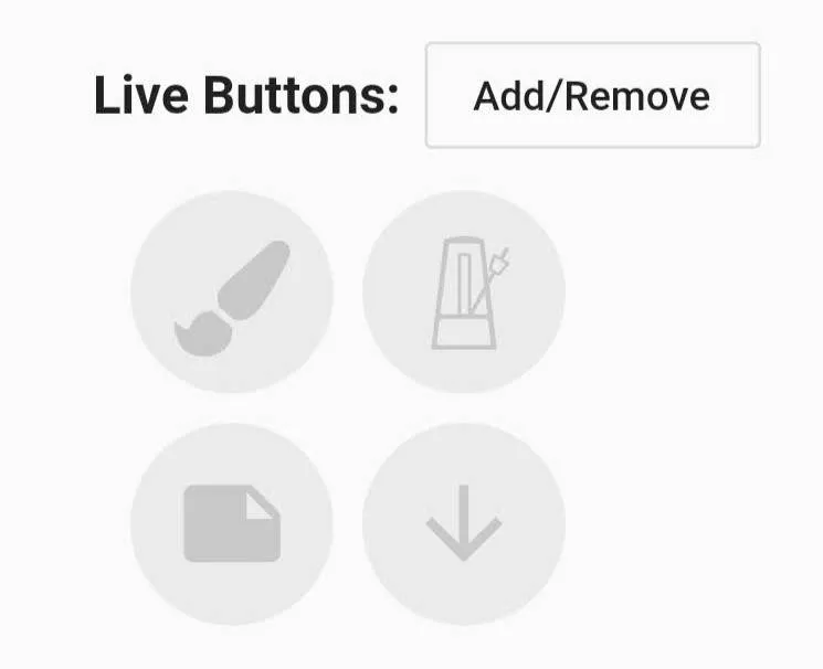 A page titled 'Live Buttons: add/remove' There four buttons, a button with a paintbrush icon, a button with a metronome icon, a button with a new page icon, and a button with a downward arrow.