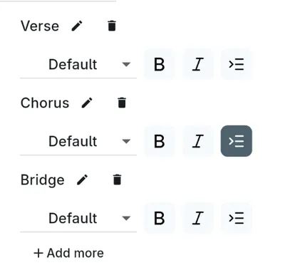 The 'Song formatting' settings page with the options 'Font size', 'Text color', 'Background color', 'Bold', 'Italic', 'Underline', 'Strikethrough', 'Superscript', 'Subscript', 'Custom sections', 'Custom section 1', 'Custom section 2', 'Custom section 3', 'Custom section 4', 'Custom section 5', 'Custom section 6', 'Custom section 7', 'Custom section 8', 'Custom section 9', 'Custom section 10'.