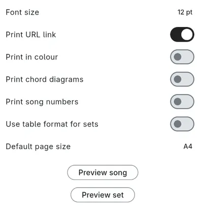 The 'Printing' settings page with the options 'Font size', 'Print URL link', 'Print in color', 'Print chord diagrams', 'Print song numbers', 'Use table format for sets', and 'Default page size'.