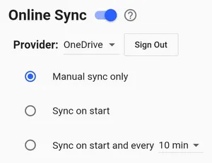 A toggle labelled 'Online Sync' is switched on. The text bellow reads 'Provider: OneDrive, Sign Out'. A radio box has the following options: 'Manual sync only', 'Sync on start', and 'Sync on start and every 10 min'.