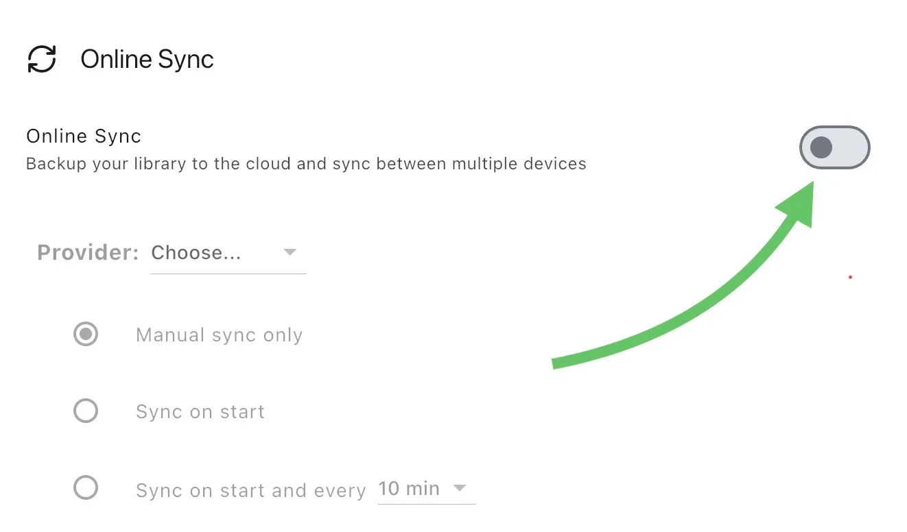 In the 'Backup & Sync settings page, an arrow points to a toggle titled 'Online Sync'