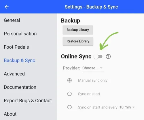 In the 'Backup & Sync settings page, an arrow points to a toggle titled 'Online Sync'