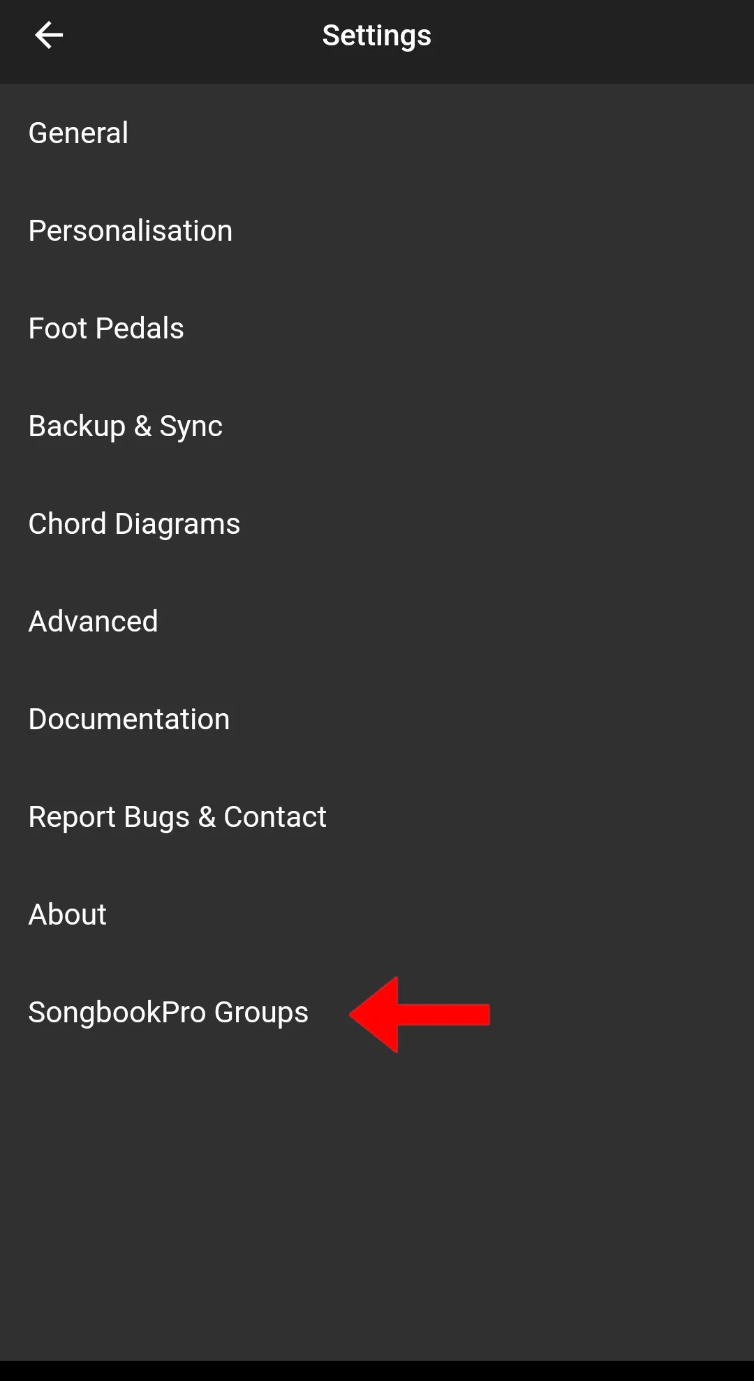 The settings menu in the SongbookPro app. An arrow points to a tab titled 'SongbookPro Groups'.