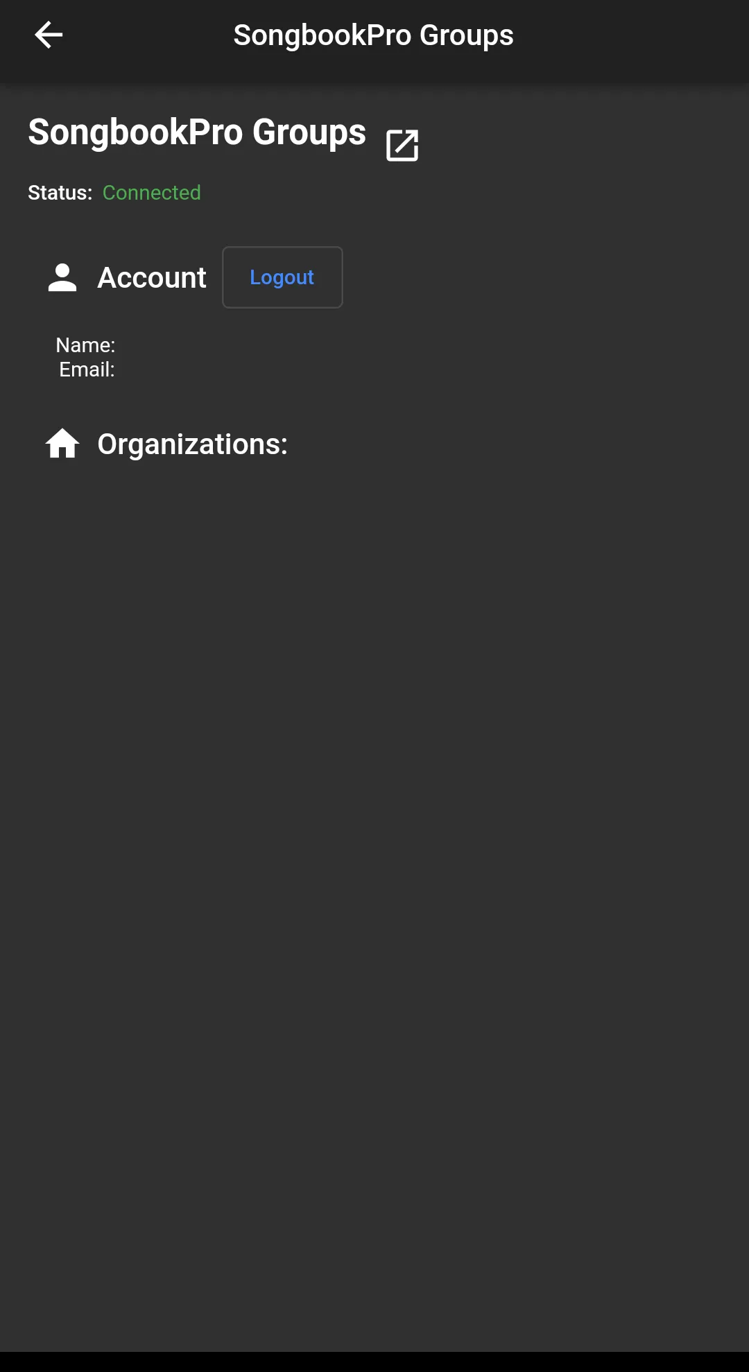 The SongbookPro Groups settings page. There is a link to the SongbookPro Groups webpage, text that says 'Status: Connected' a button titled 'Log out'.