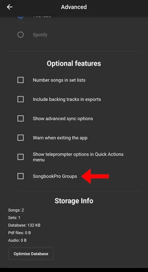 In the advanced settings page, under the heading 'Optional Features', an arrow points to a checkbox with the text 'SongbookPro Groups'.