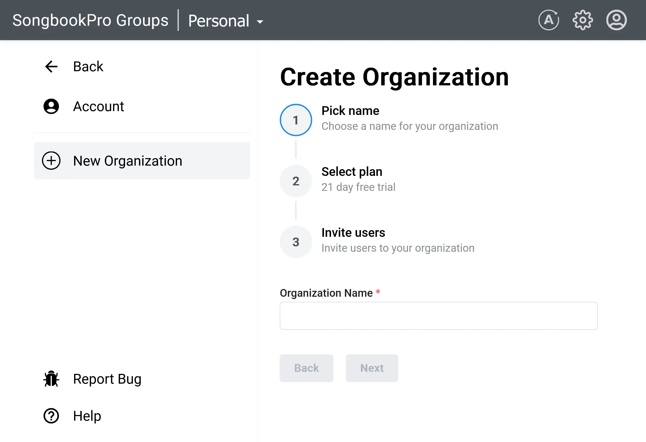 Create a new organization from the SongbookPro Groups website