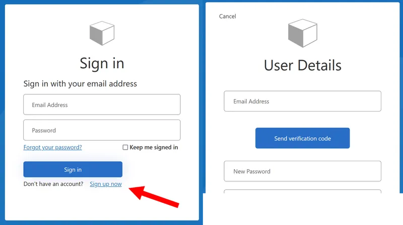 A window with the text 'Sign in, sign in with your email. An arrow points to a button with the text 'Don't have an account? Sign up now'