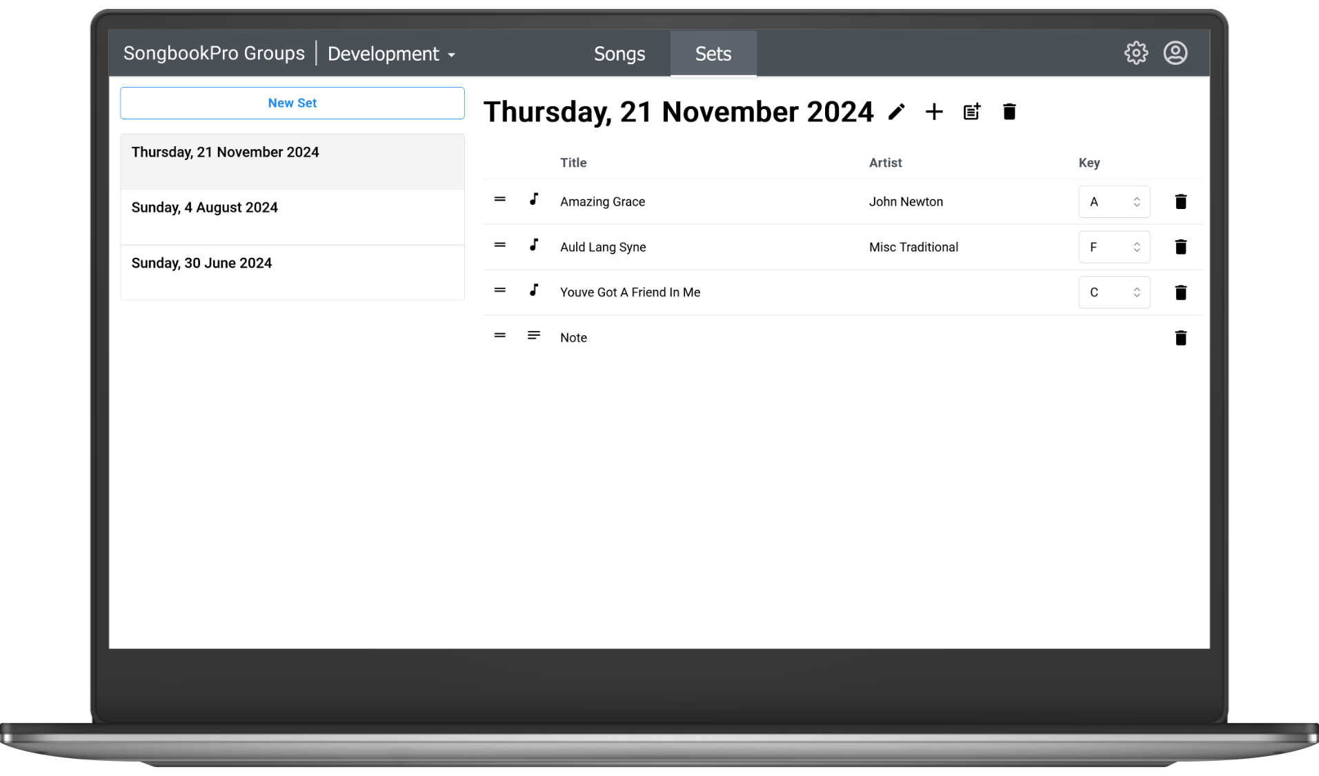 SongbookPro manager running on a laptop
