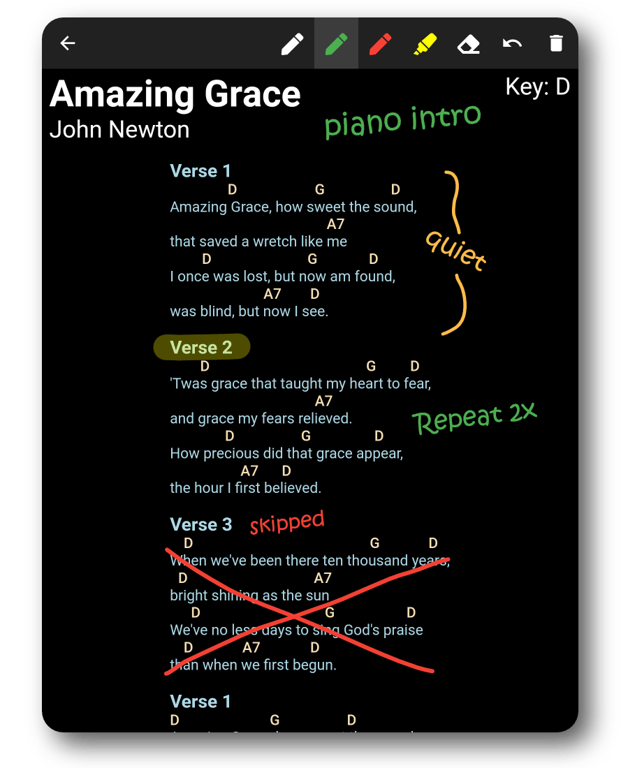 SongbookPro app showing annotations and notes